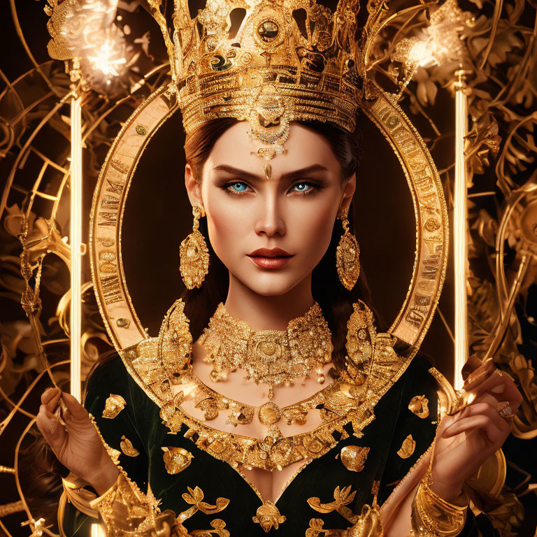 Majestic woman with blue eyes in golden crown and jewelry surrounded by gilded ornaments