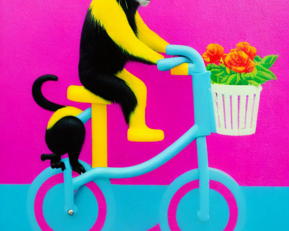 Colorful Monkey Riding Bicycle with Roses on Pink Background