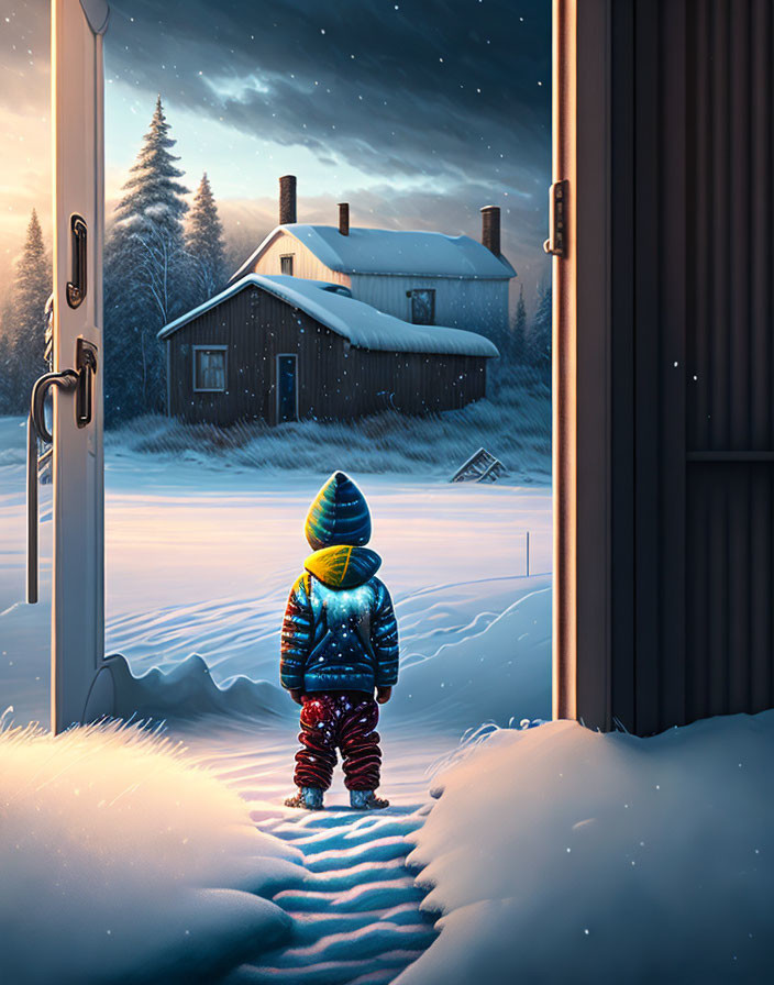 Child in colorful winter outfit gazes at snow-covered house at twilight