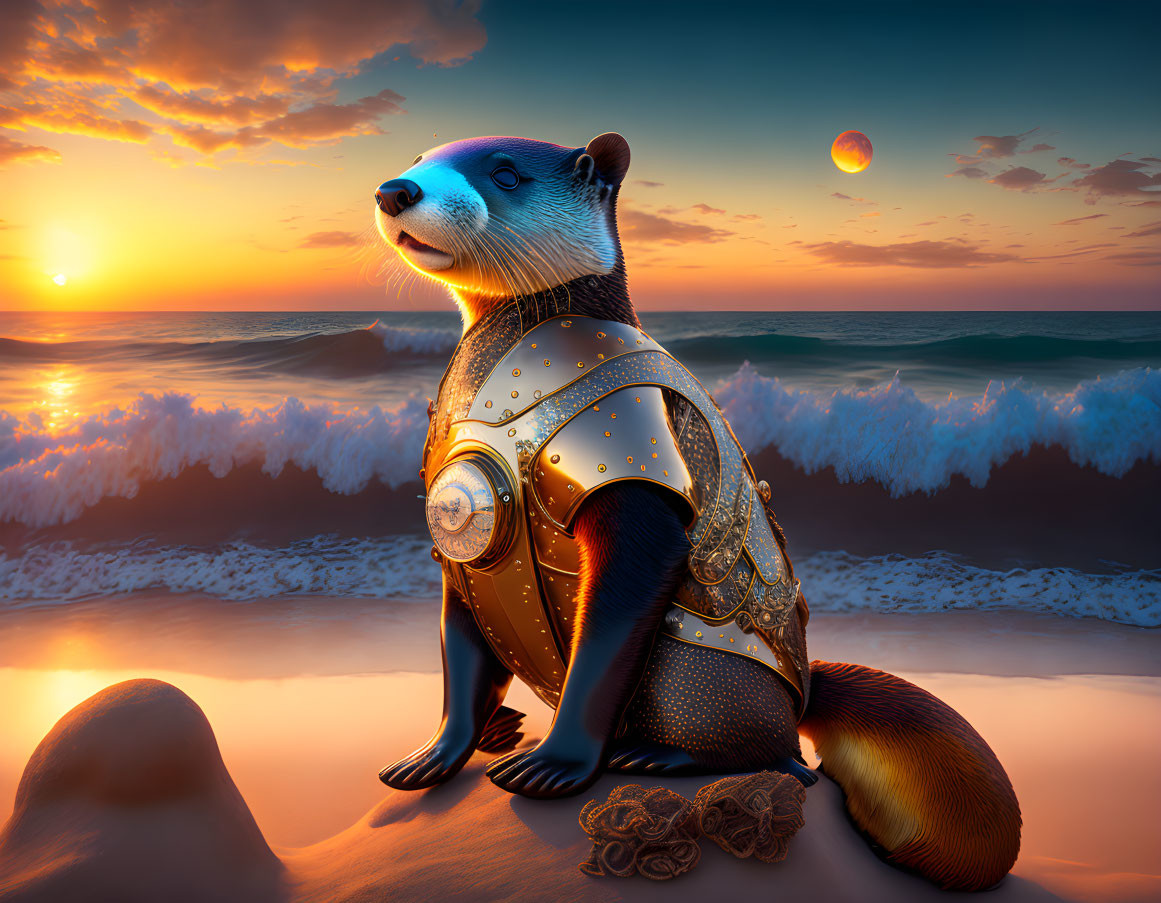 Medieval armor-clad badger gazes at ocean sunset with vibrant sky and distant planet.