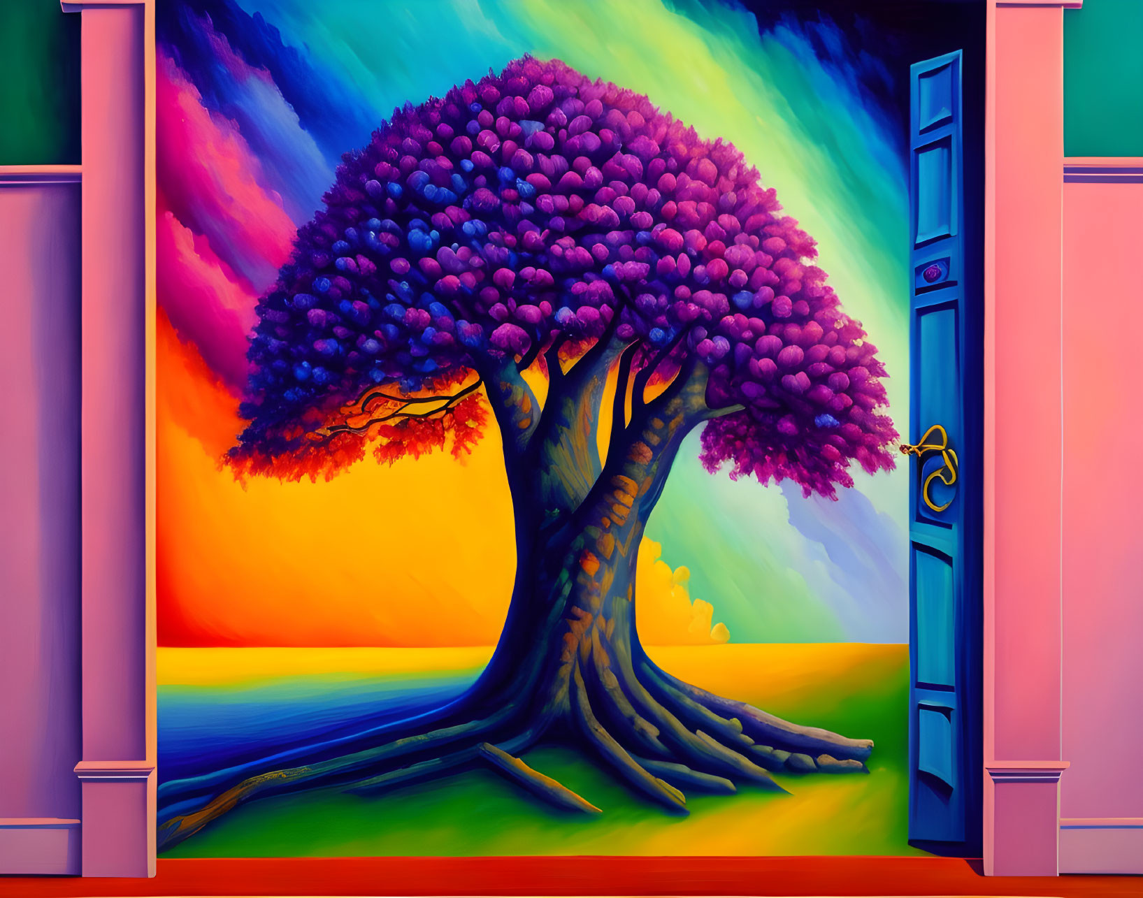 Colorful sunset painting with purple tree, white columns, and blue door.