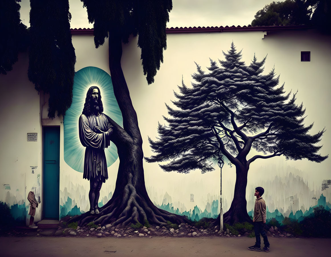 Statue with halo under tree near building in serene, foggy forest setting