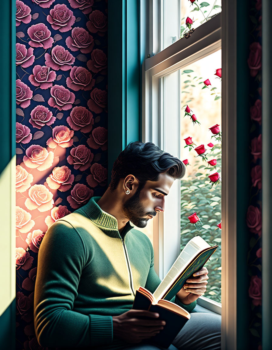 Man reading book by window with sunlight, floral wallpaper, blooming roses.