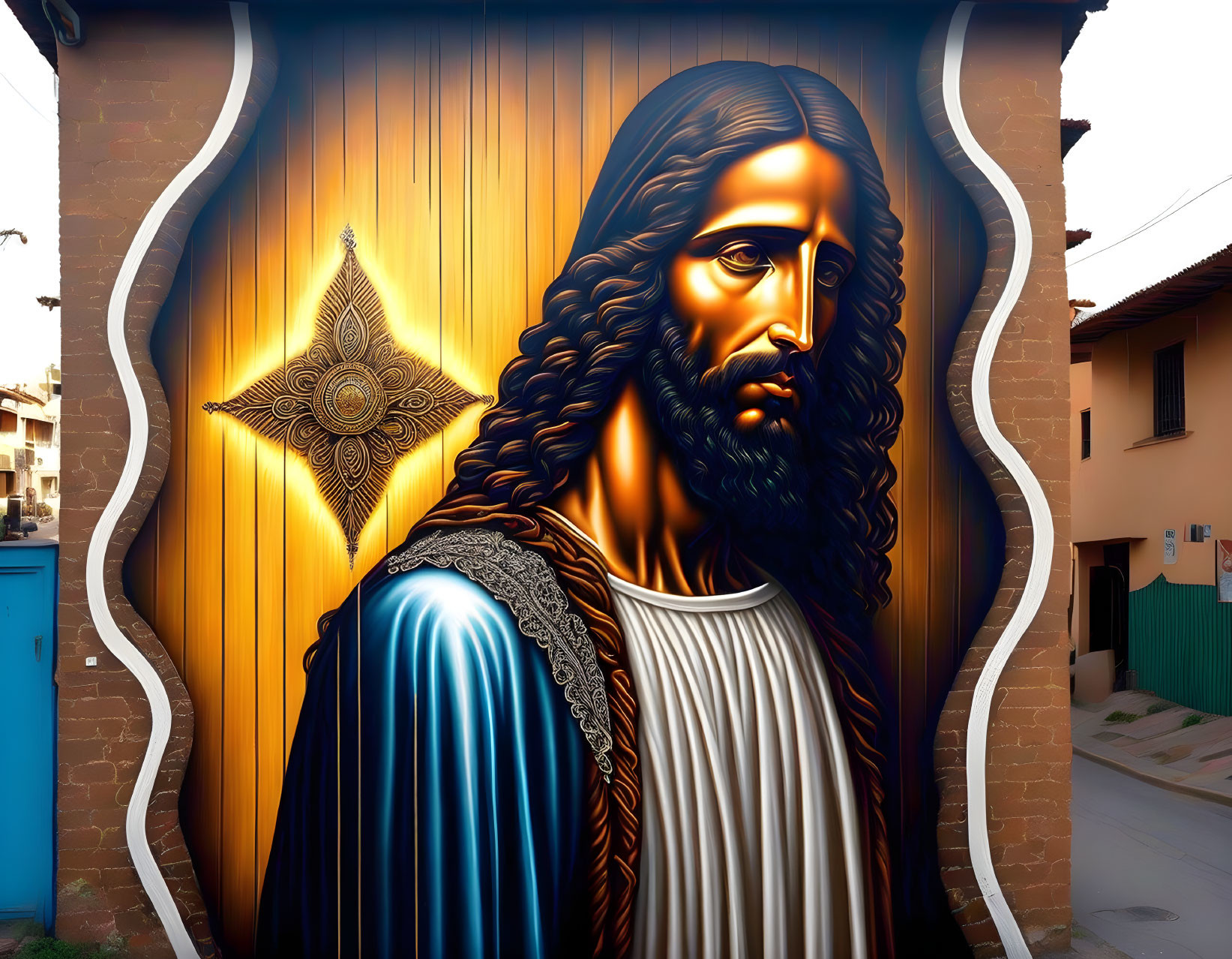 Religious mural featuring Jesus in blue and white robe on wooden background