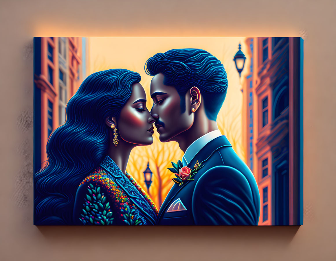 Traditional Indian attire couple in intimate moment against city street backdrop on canvas