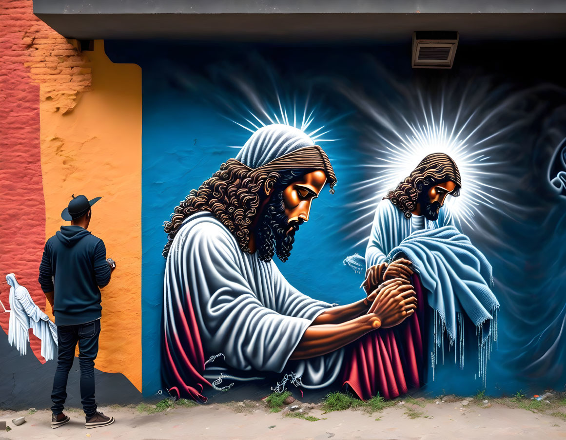 Urban wall mural featuring mirrored figure with halo