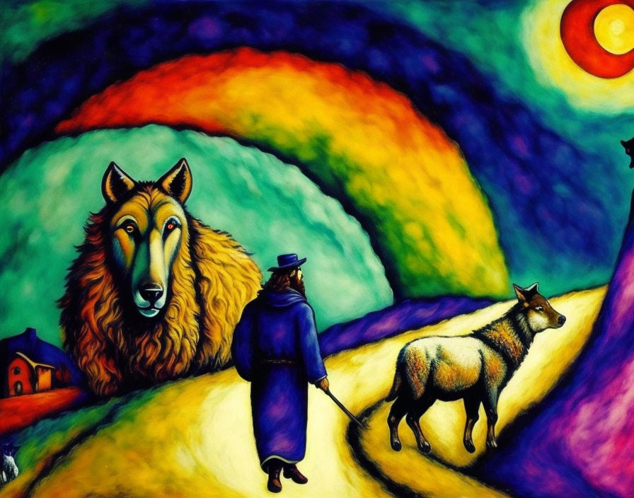 Colorful painting of man with cane, donkey, rainbow, and wolf head