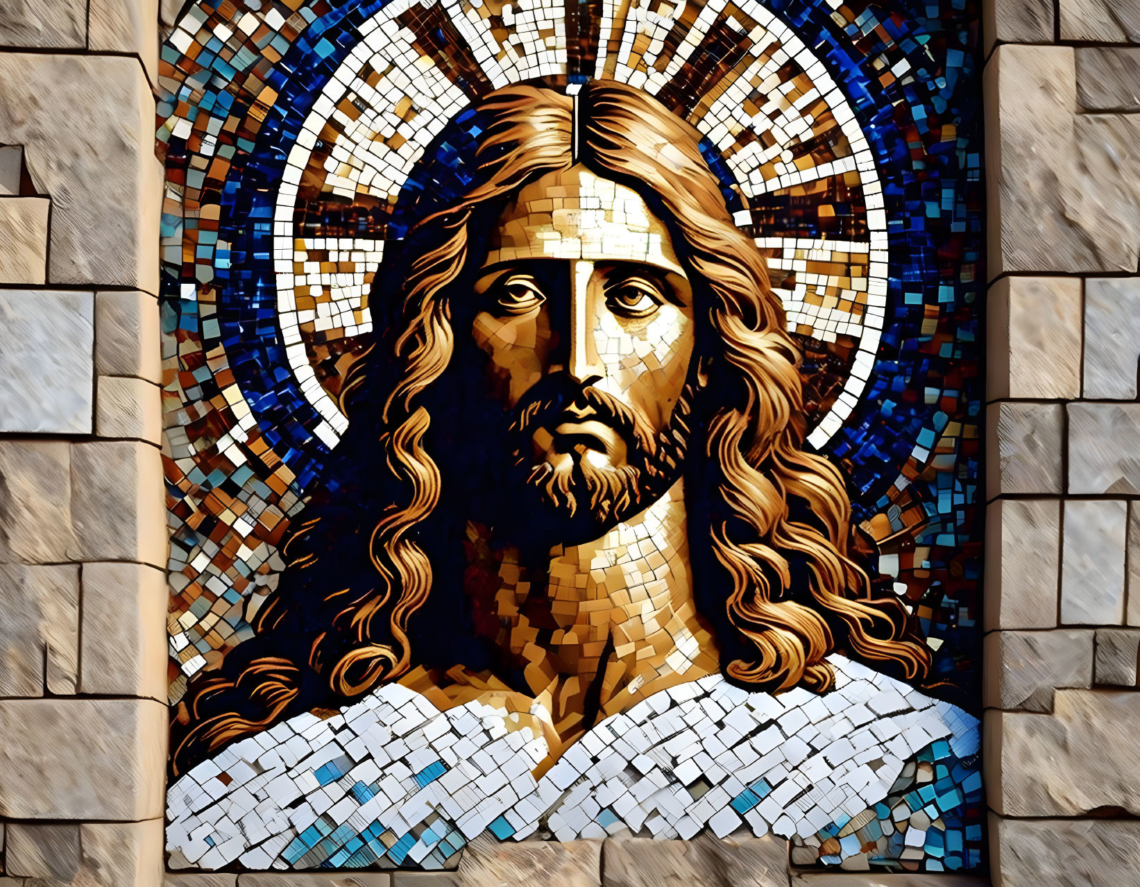 Mosaic art: Figure with long hair and halo on tiled background in gold, brown, white