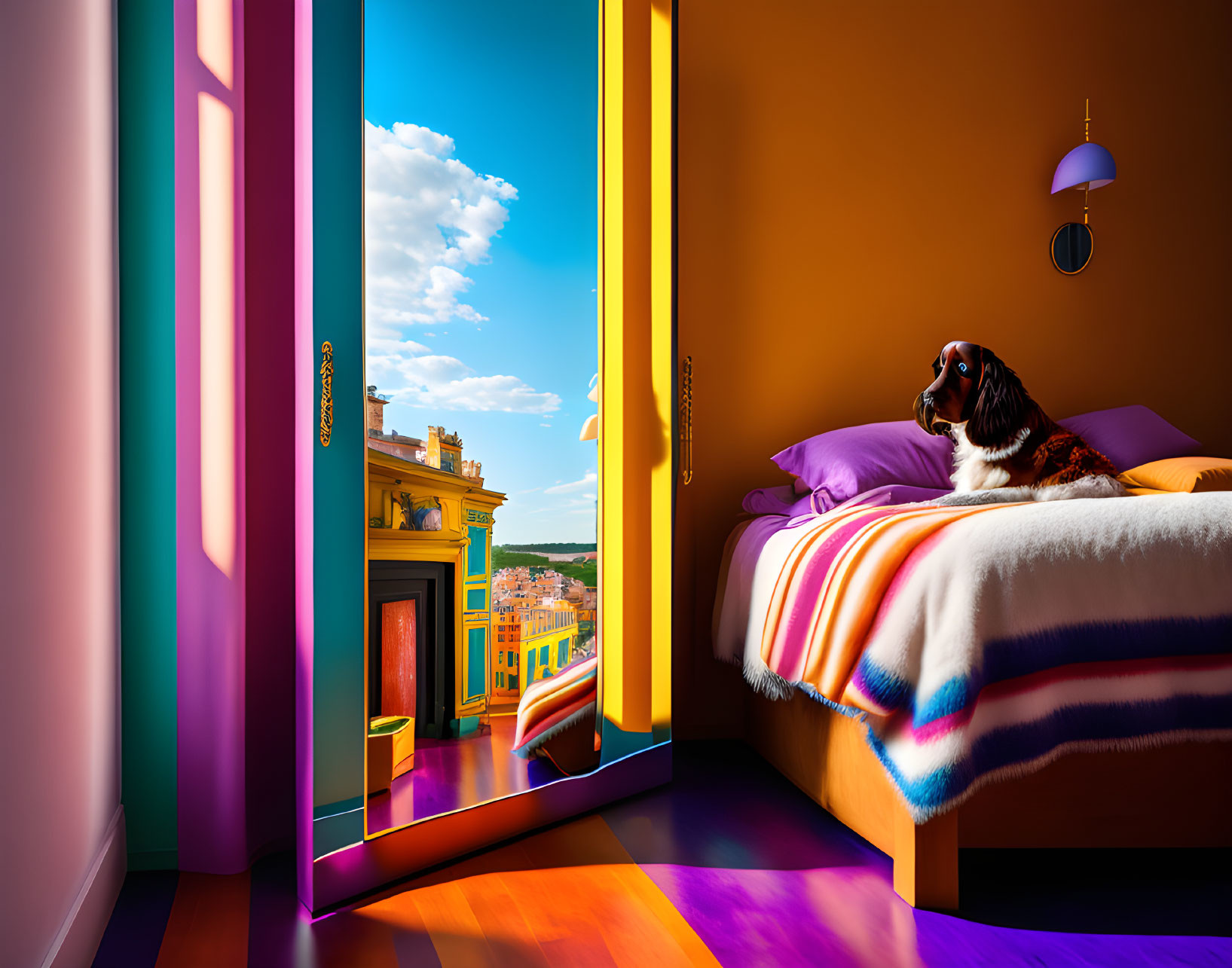 Colorful Bedroom with Dog Enjoying City View