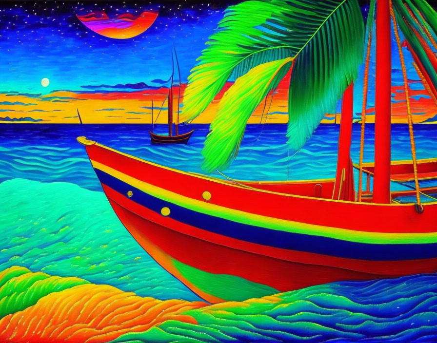 Colorful painting of boats on wavy sea with starry sky, crescent moon, palm trees