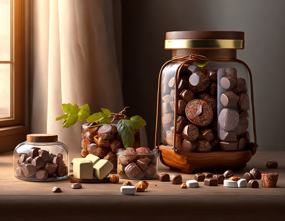 Assorted chocolates in clear jar with ingredients on wooden surface