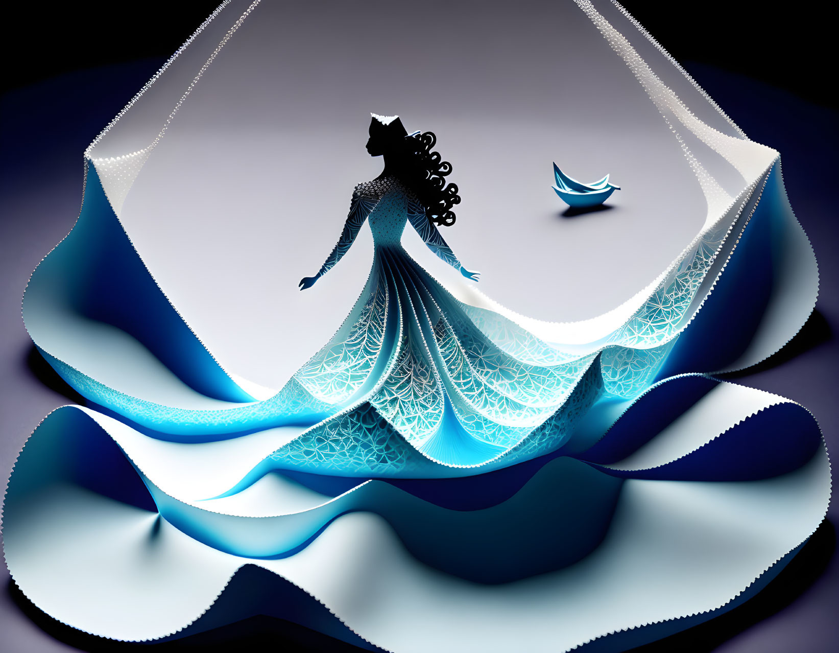 Stylized illustration of graceful woman in flowing dress with abstract waves and delicate bird on dark background