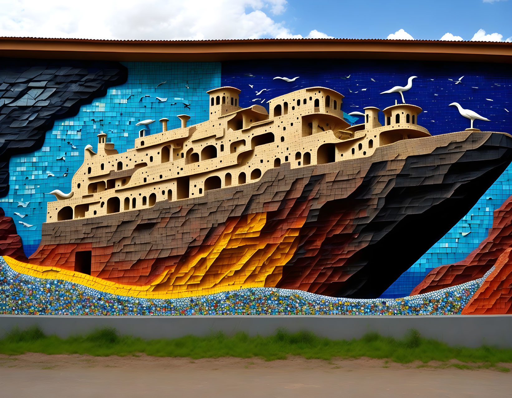 Colorful mural of intricate castle-like structure against vibrant blue sky