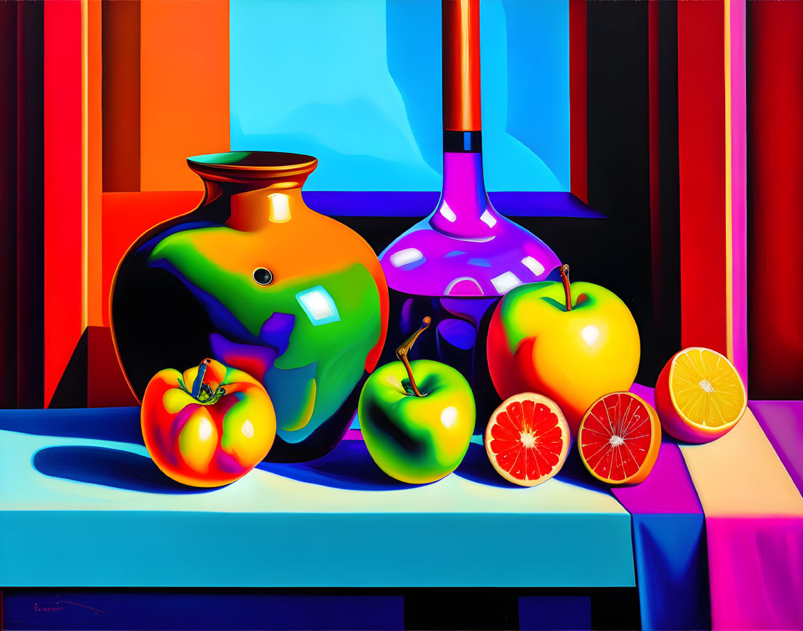 Vibrant still life painting with orange pitcher, purple vase, fruit slices, and striped background