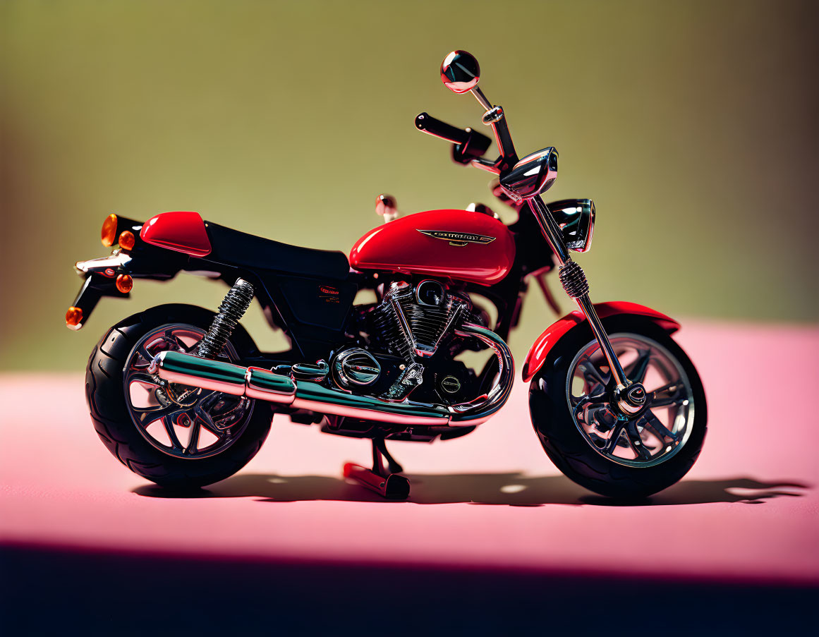 Red Motorcycle Model with Chrome Details and Black Tires on Blurred Pink and Green Background