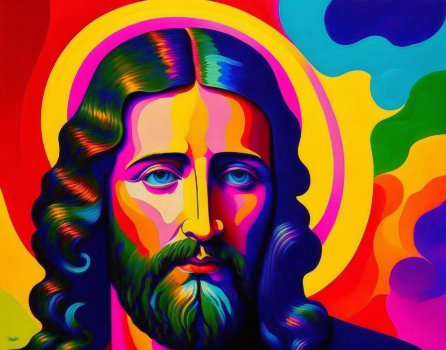 Colorful Psychedelic Figure with Flowing Hair and Beard in Vibrant Artwork