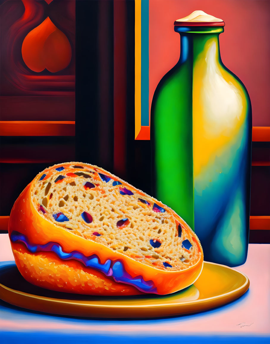 Colorful still life painting with bread, bottle, and abstract shapes on warm red background