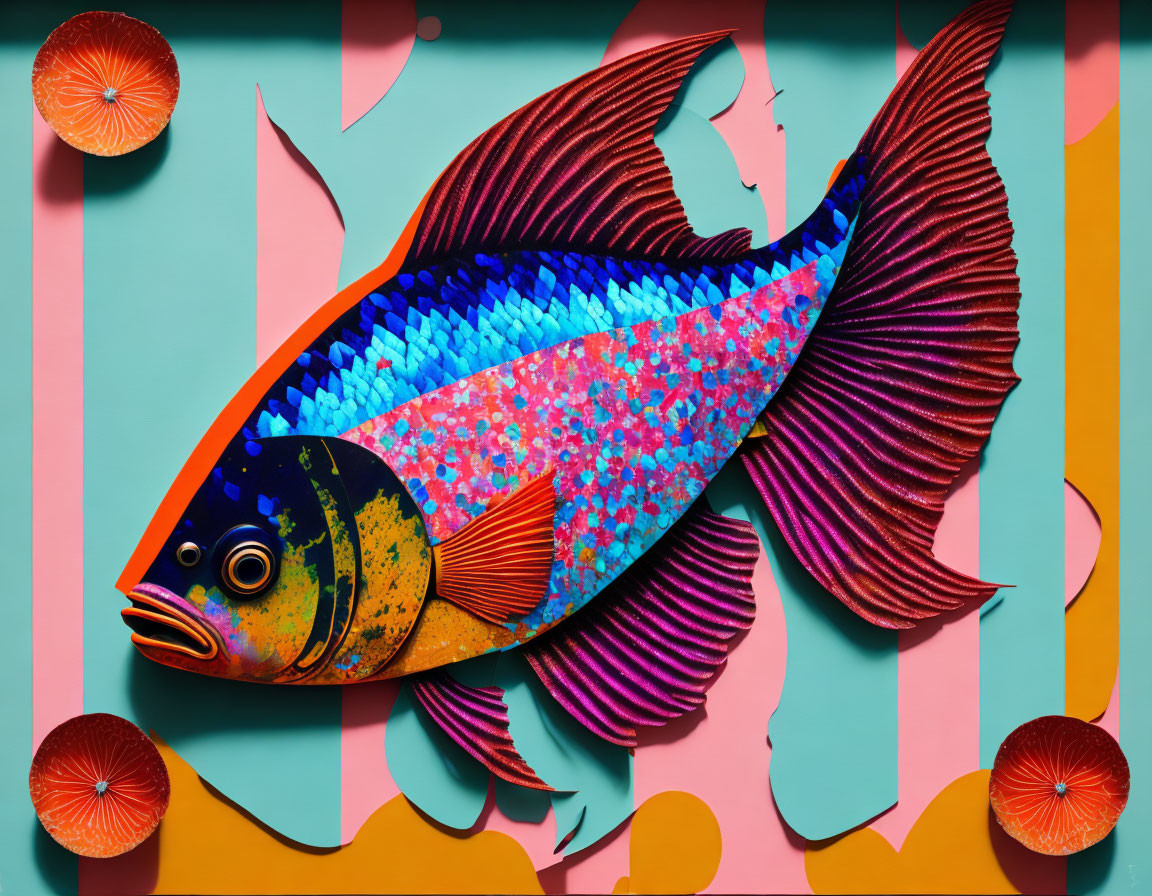 Vibrant paper fish art with intricate patterns and waves on teal background