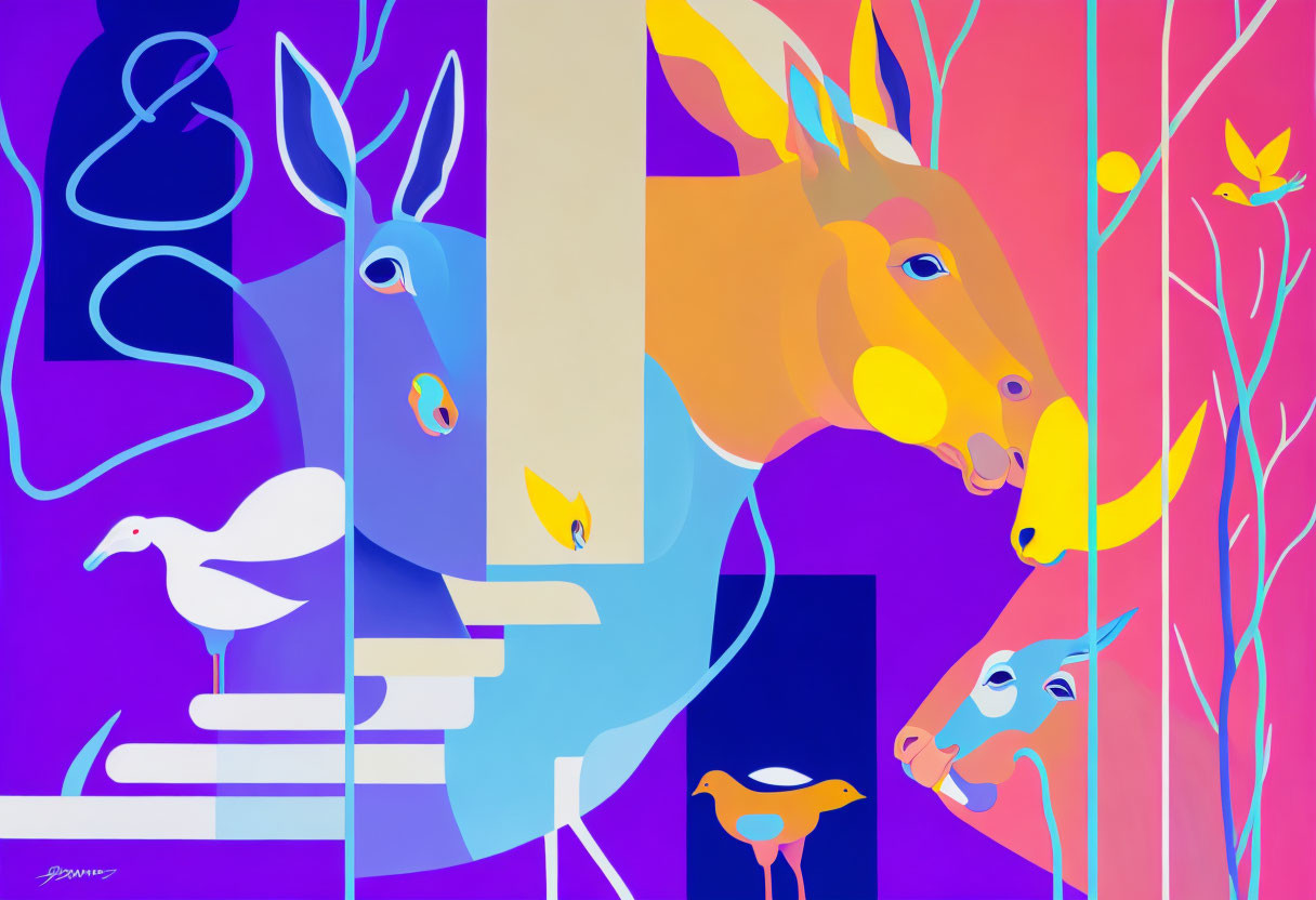 Vibrant abstract art: central horse, birds, plants on purple background