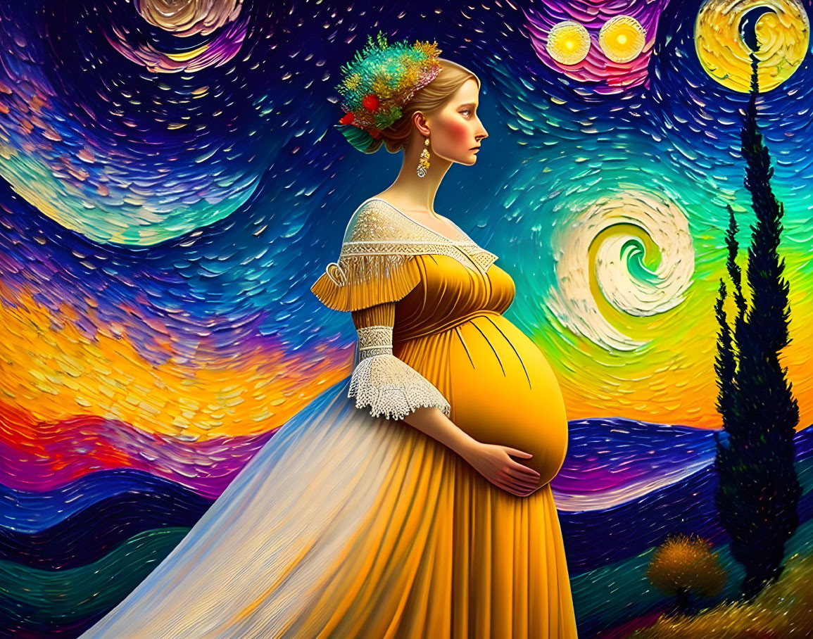 Stylized pregnant woman portrait against Starry Night backdrop