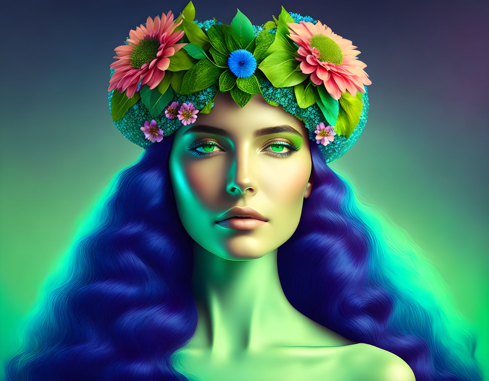 Colorful digital artwork: Woman with blue hair and floral crown on gradient backdrop