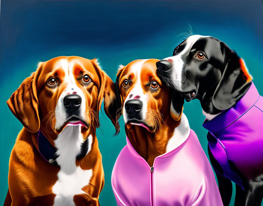 Colorful Zip-Up Jackets: Three Dogs Posing Against Blue Background