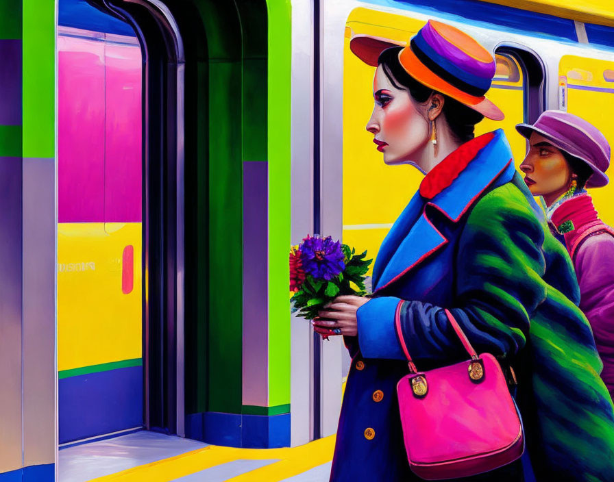 Two stylish women with flowers by vibrant, art-like train carriage.