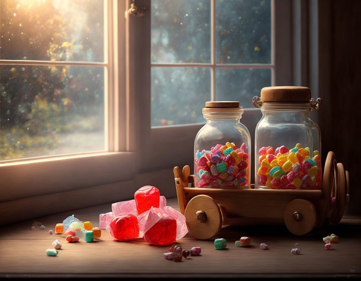 Colorful candies in glass jars on wooden cart near window with sunlight and red wrapper.