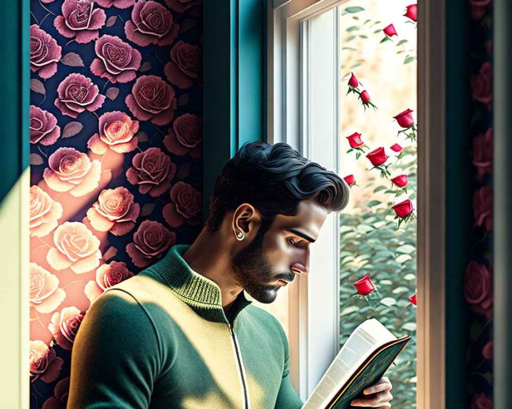 Man reading book by window with sunlight, floral wallpaper, blooming roses.