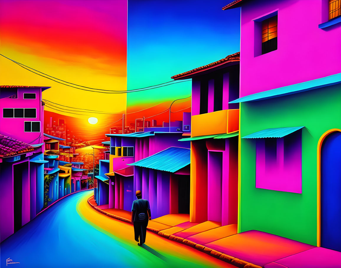 Colorful sunset scene with person walking down vibrant street