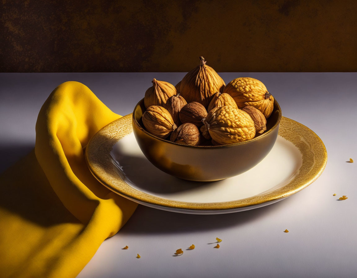 Assorted Nuts on Plate with Yellow Fabric and Purple Backdrop