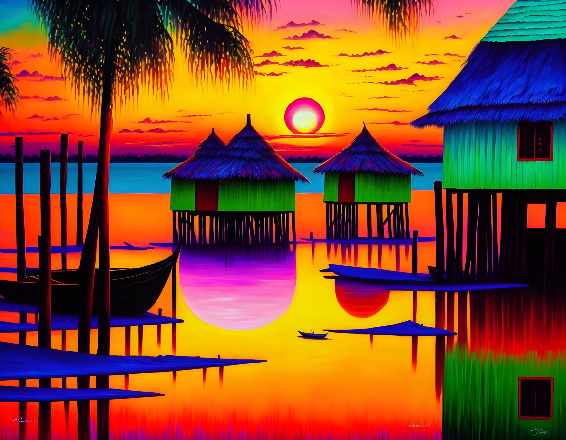 Scenic sunset with palm trees and huts reflecting vivid hues