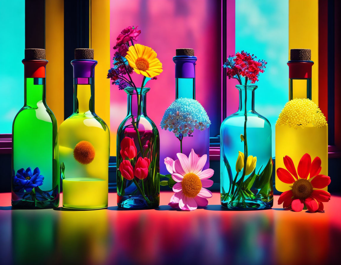 Vibrant glass bottles with flowers on colorful background