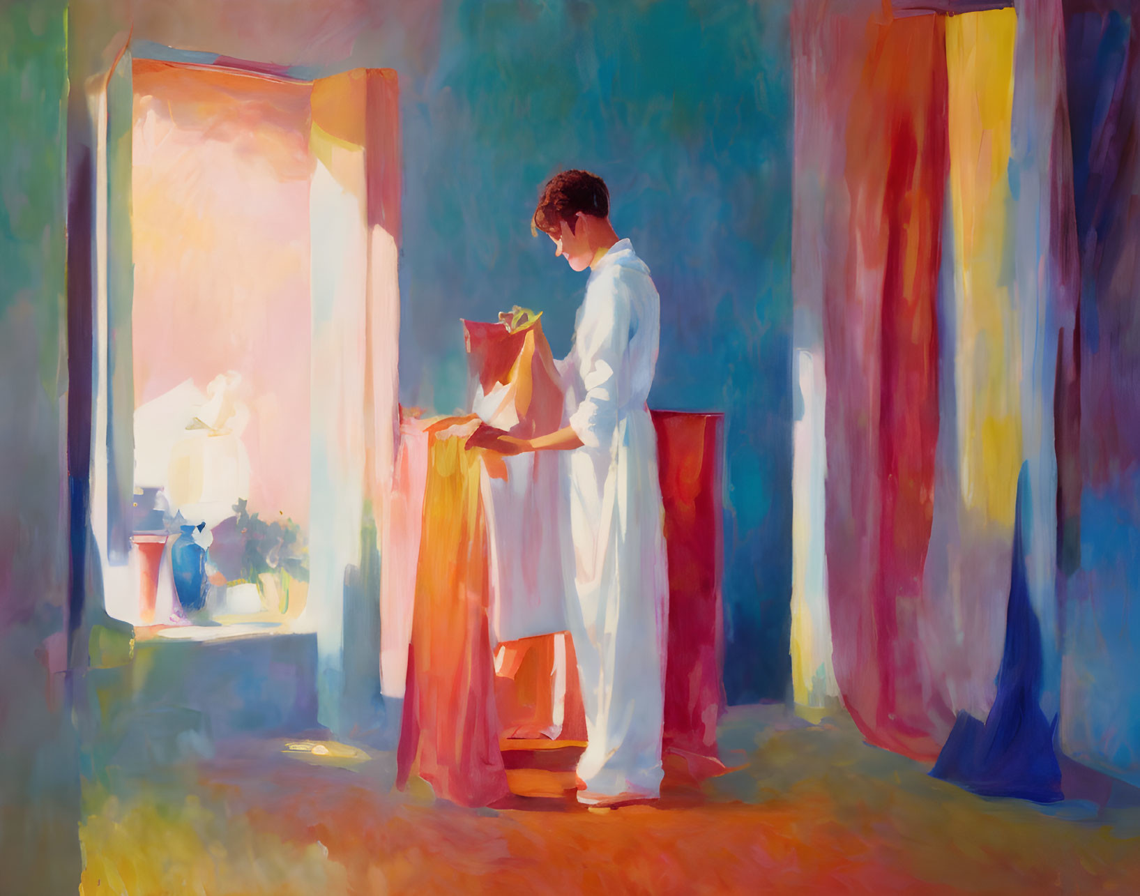 Colorful painting of person arranging flowers in sunlit room