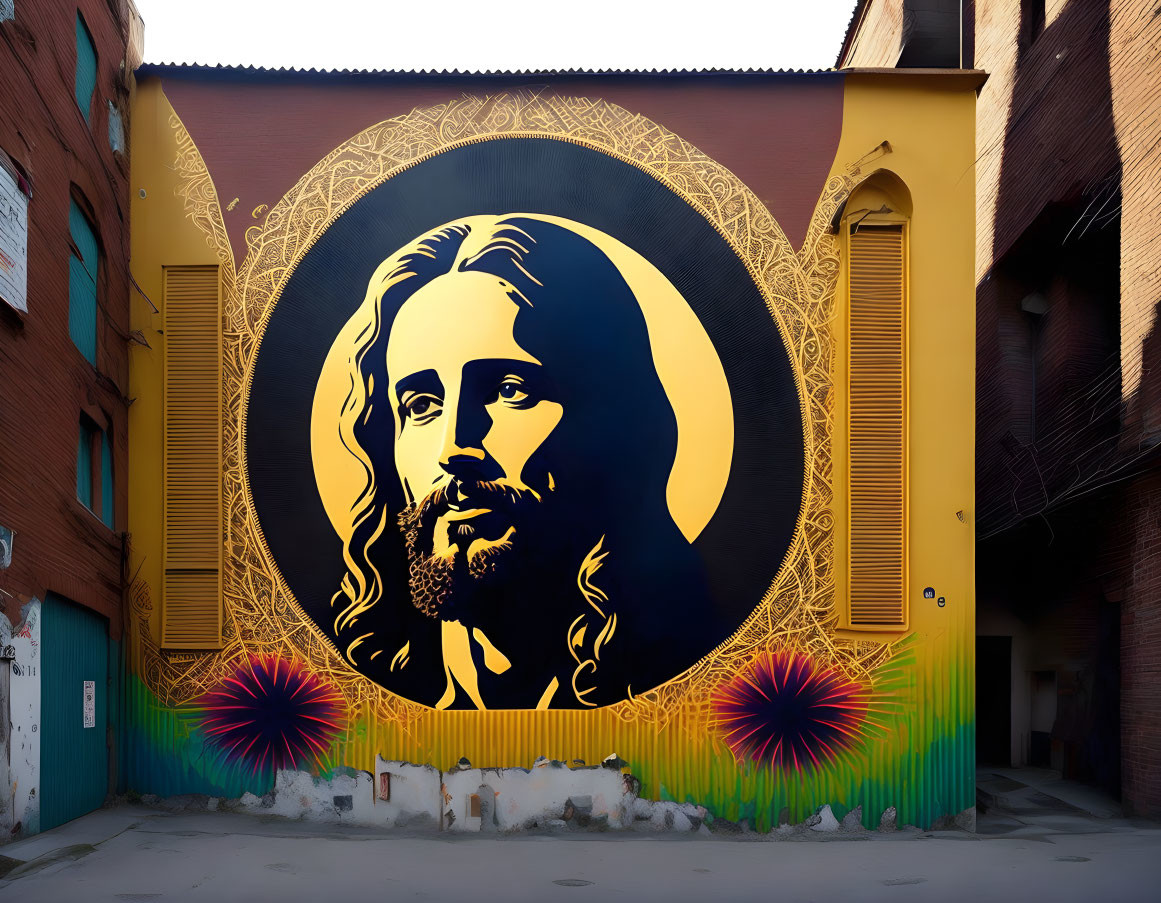 Urban building wall mural featuring stylized Jesus with golden halo and vibrant graffiti.