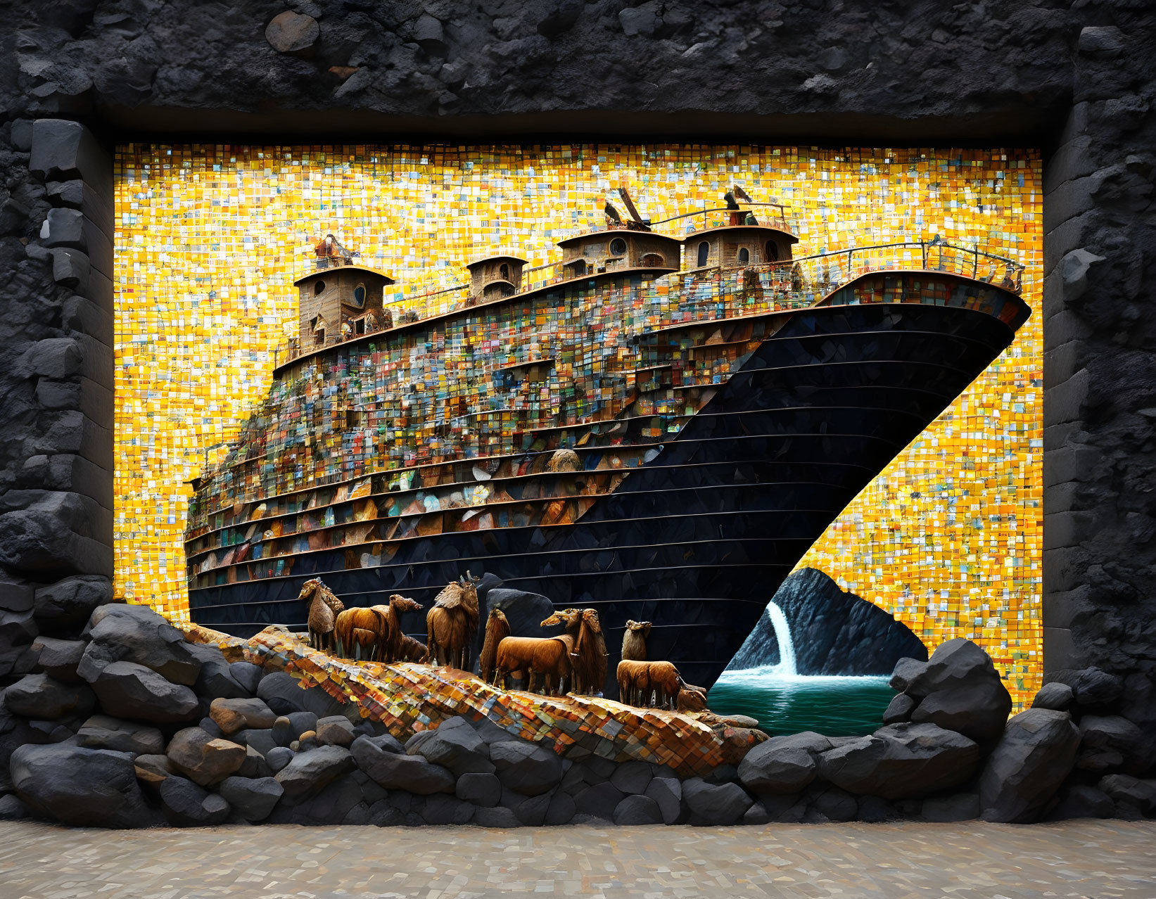 Colorful mosaic artwork featuring ship, smokestacks, sea, stone wall, and camel sculptures.