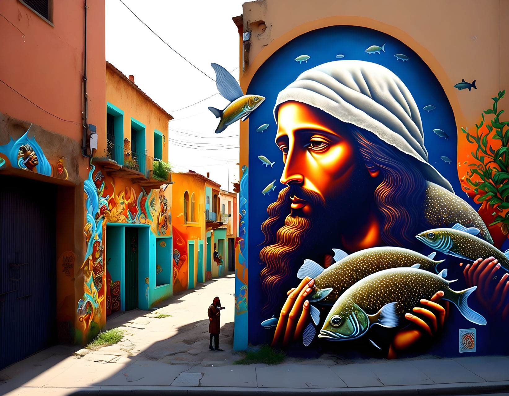 Colorful street mural featuring bearded figure and fish in urban setting