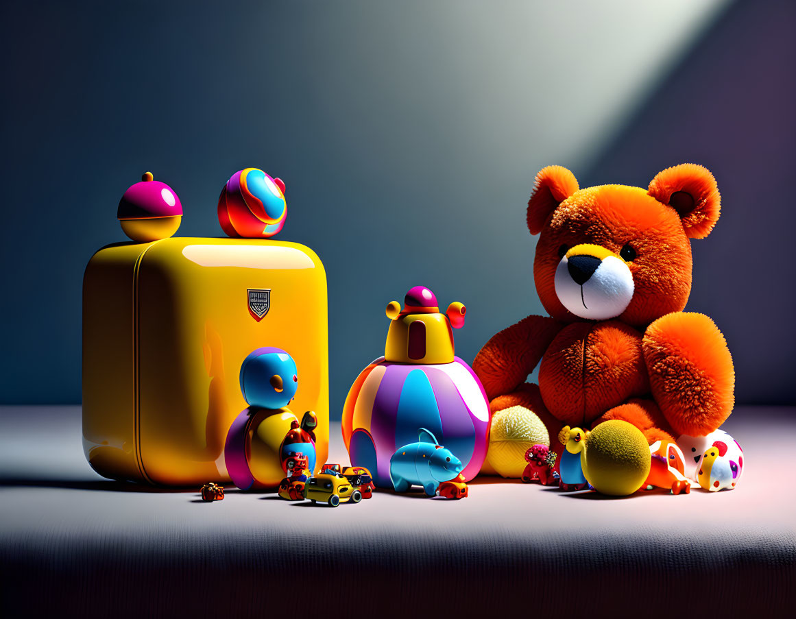 Vibrant plush teddy bear and toy robot with whimsical objects on dark background