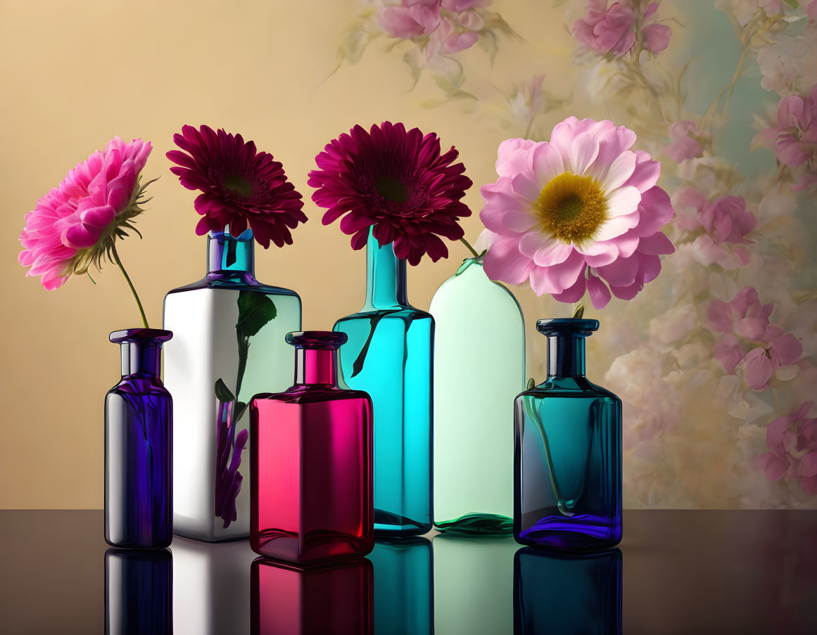 Vibrant Gerbera Flowers in Translucent Bottles on Floral Background