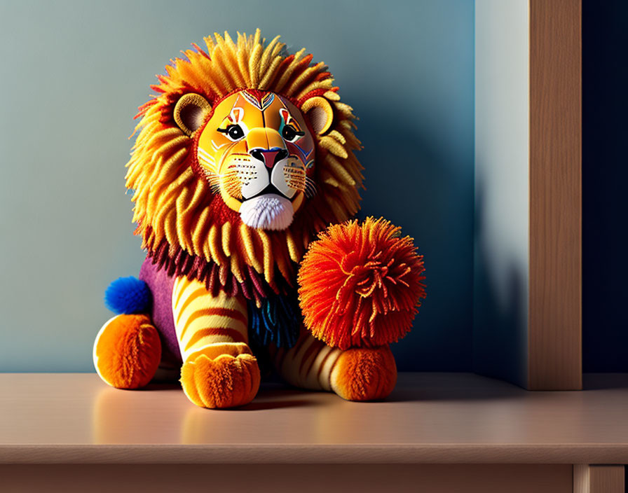 Colorful Plush Lion Toy with Vibrant Mane on Wooden Shelf