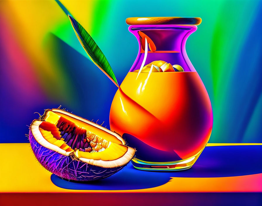 Colorful digital artwork: half-cut passion fruit, glass vase, geometric background, feather.