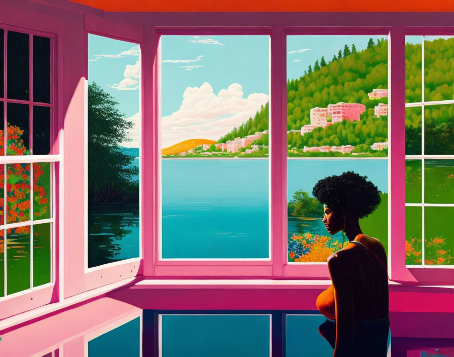 Person Reflecting by Open Window with View of Vivid Lake, Green Hills, and Colorful Flowers