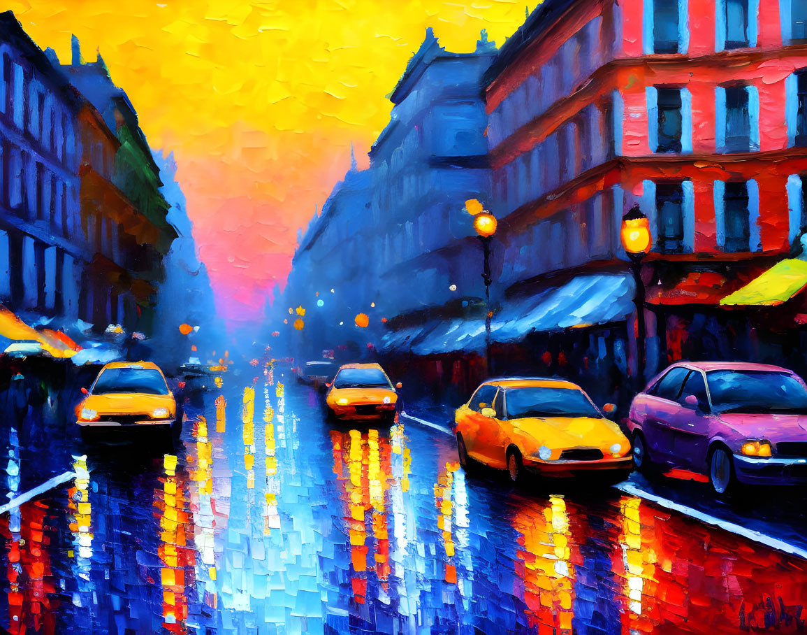 Impressionist-style city street painting at dusk with luminous sky