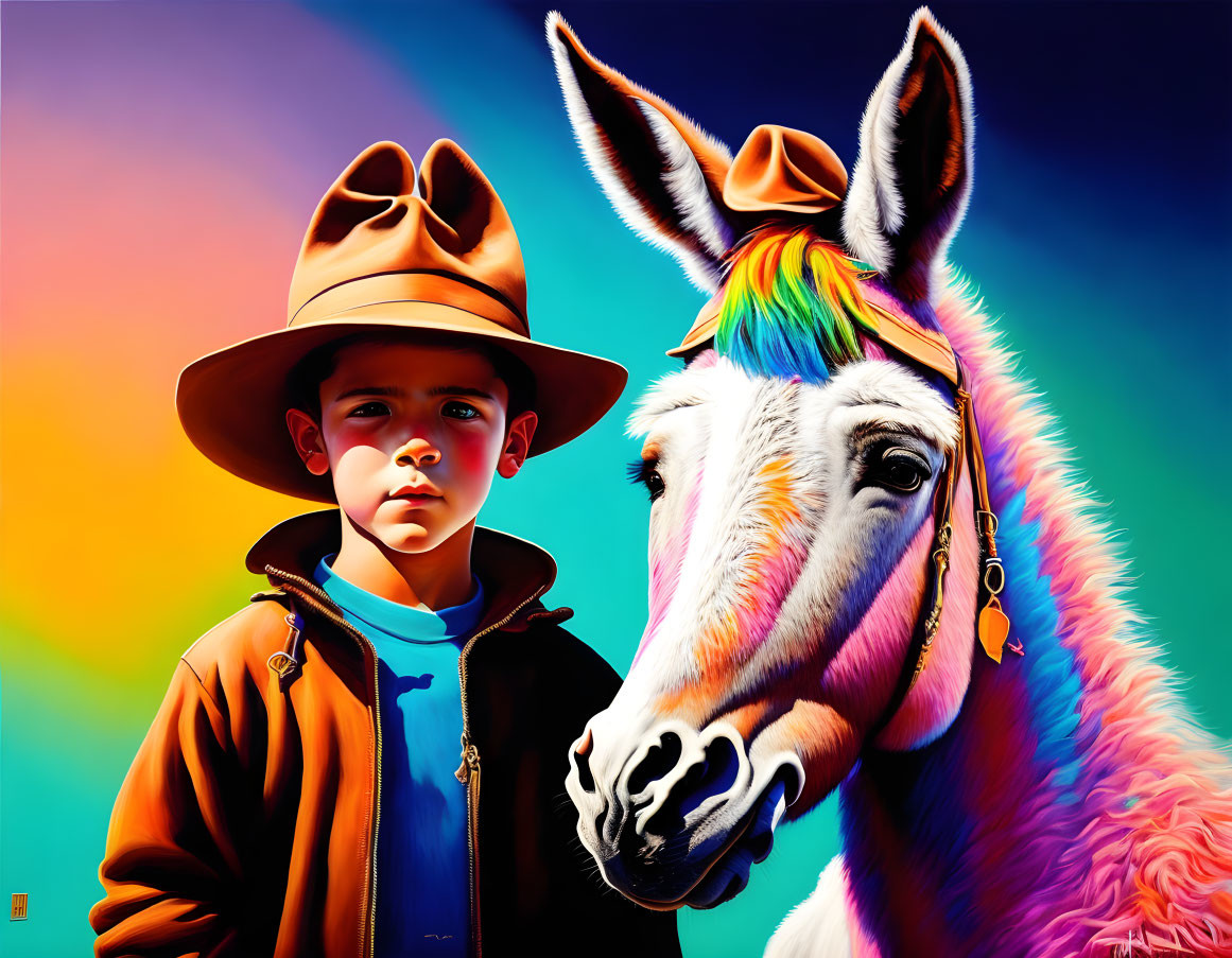 Child in brown hat and jacket with painted donkey on rainbow background