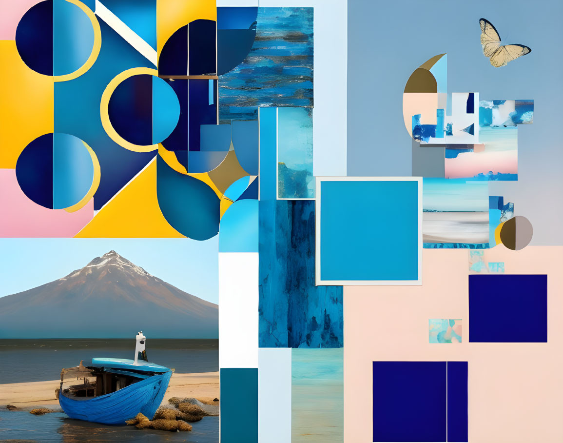 Geometric Blue Collage with Nature Elements