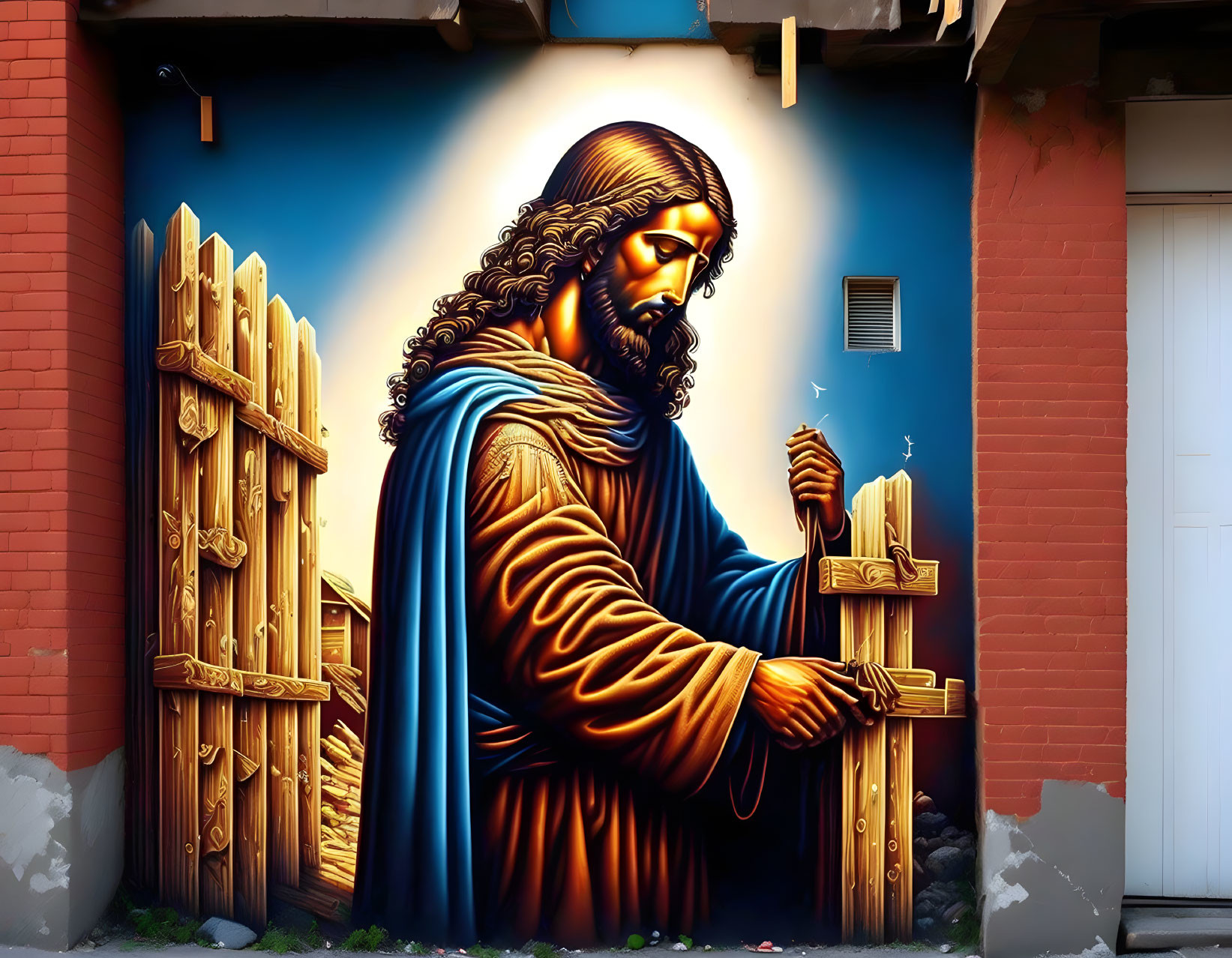 Colorful street art of Jesus Christ in blue robes with halo, urban wall mural