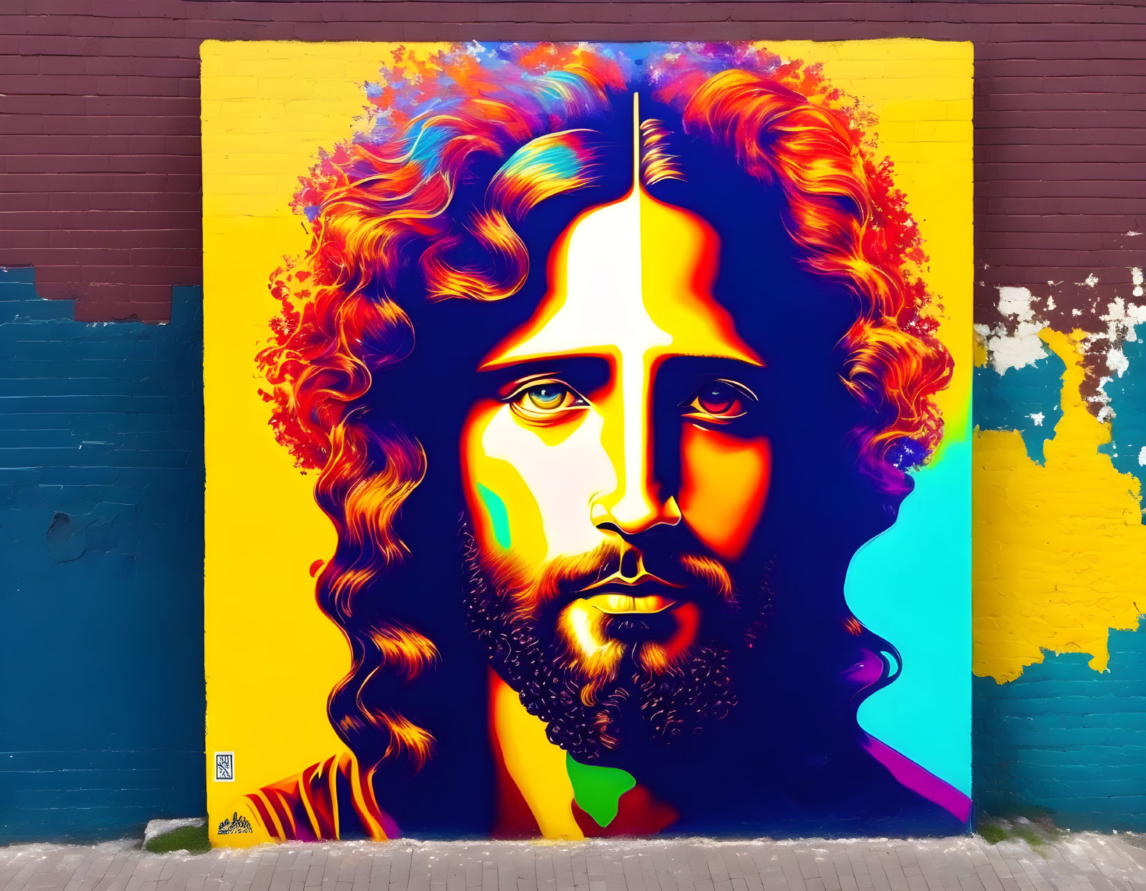 Symmetrical Man's Face Mural in Vibrant Tones