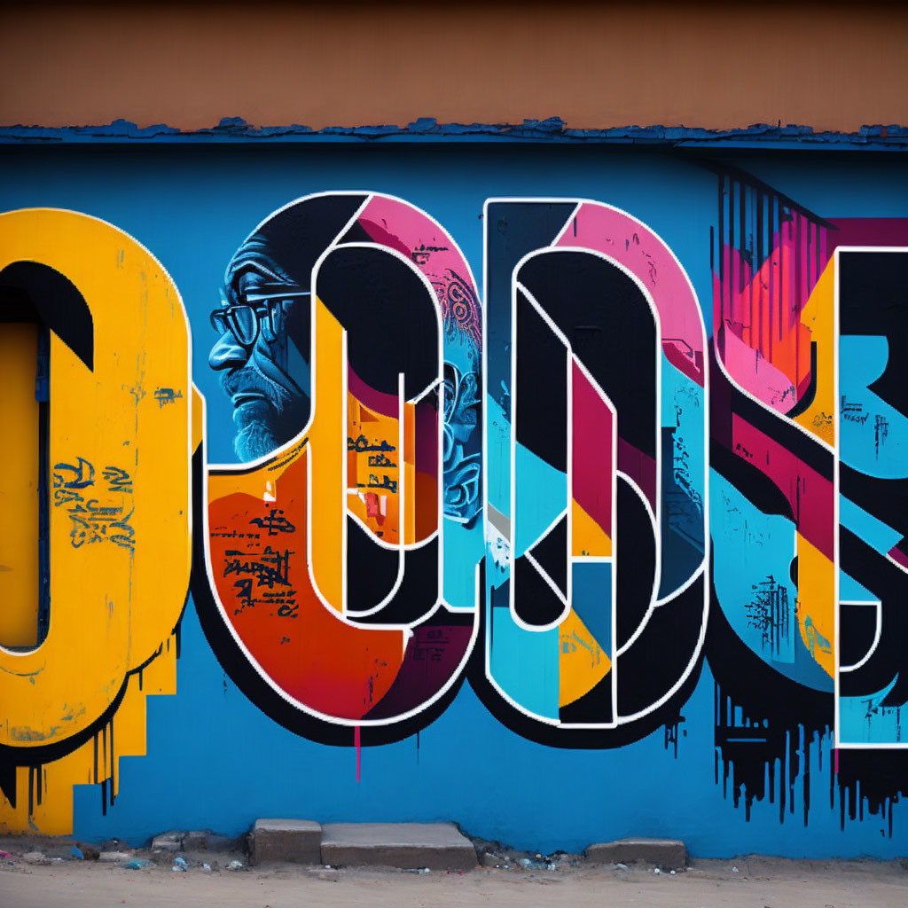 Colorful graffiti mural featuring bold lettering and a person with glasses