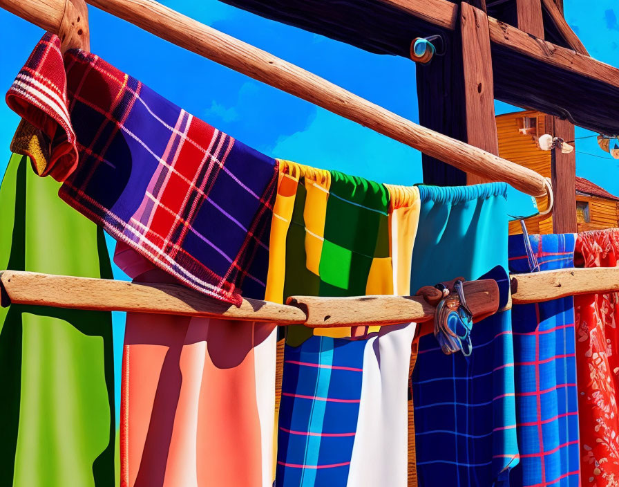 Vibrant Beach Towels on Wooden Rack under Blue Sky