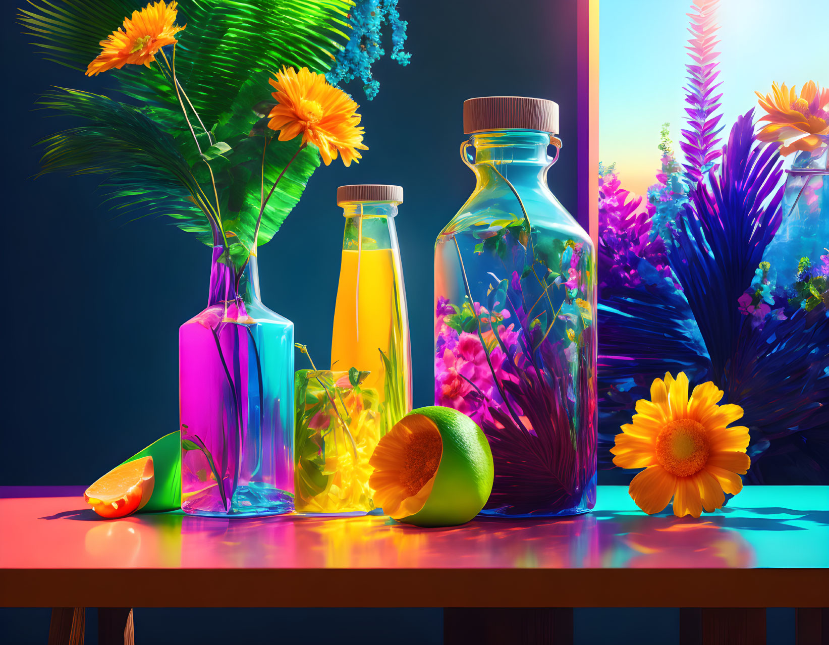 Vibrant digital artwork of glass bottles, flowers, orange slice, ambient lighting on blue and purple